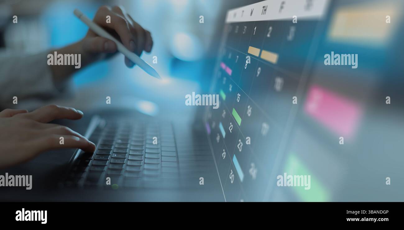 Project Management and Schedule Planning Displayed on a Digital Calendar Interface. Stock Photo