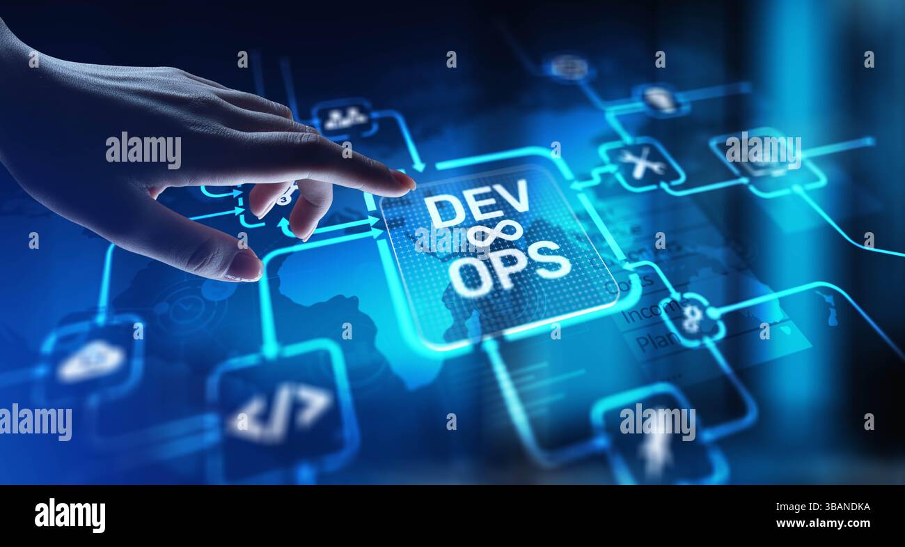 DevOps Development and Operations Integration for Efficient Delivery, projection on a virtual screen, Business and Technology Concept. Stock Photo