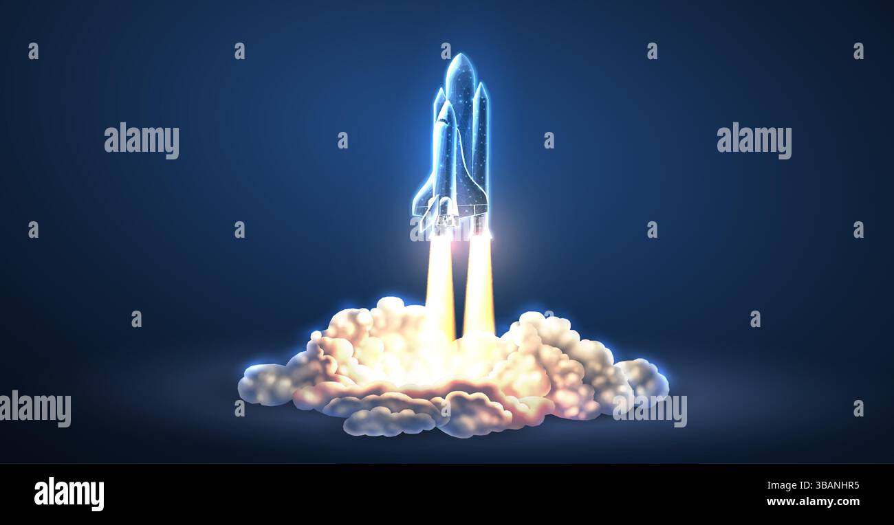 Spaceship takeoff. Rocket launch, Space shuttle, Mission start Stock Vector