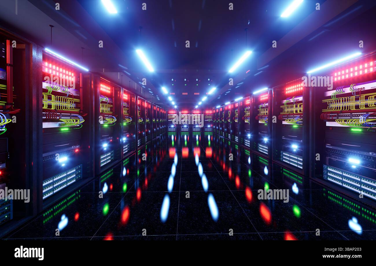 Server Room Network Infrastructure, data center, server rack, network cables Stock Photo