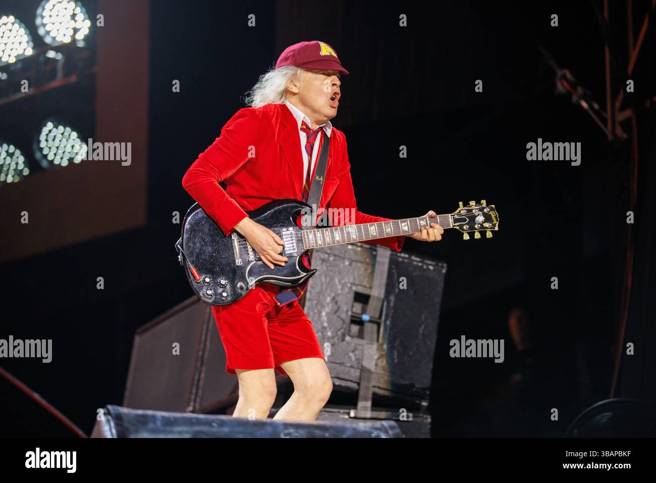 Landover, USA. 12th May, 2025. Angus Young of AC/DC performs at ...