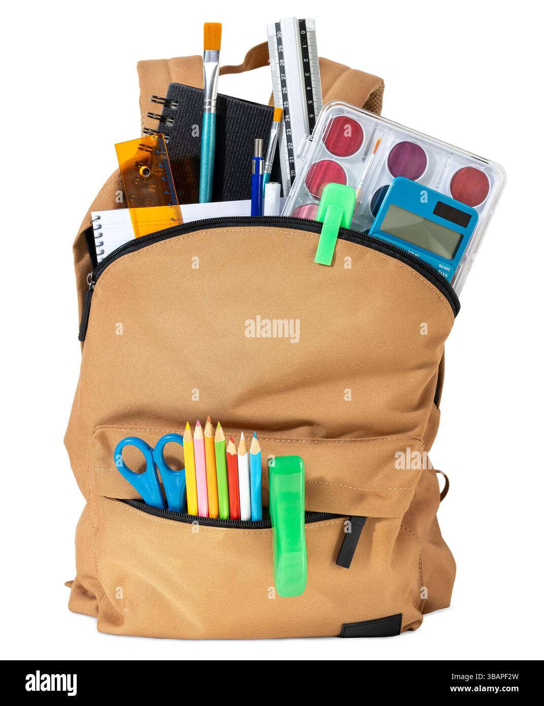 School backpack overflowing with Stationery Supplies isolated on white background, ready for back to school season Stock Photo