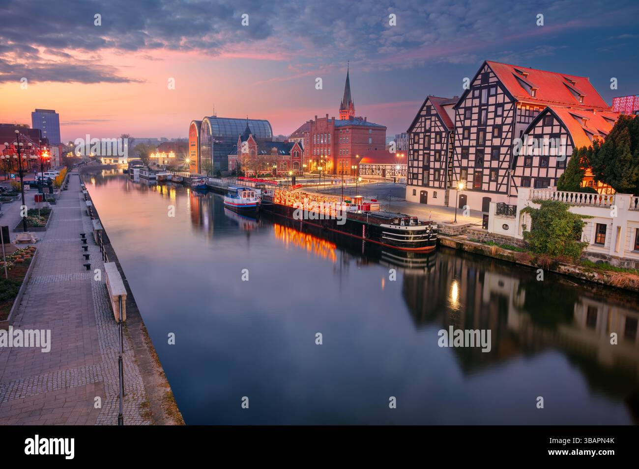 Bydgoszcz, Poland. Cityscape image of old town Bydgoszcz, Poland with old granaries and Brda river at spring sunrise. Stock Photo