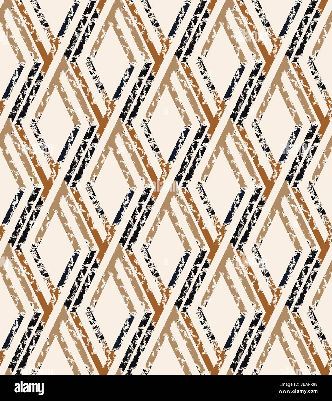 Interwined black striped rhombus seamless pattern on beige background. Repeating grunge pattern. Stock Vector