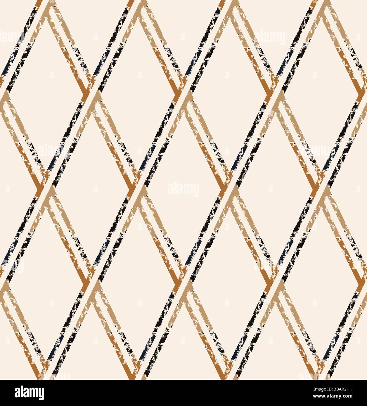 Interwined black striped rhombus seamless pattern on beige background. Repeating grunge pattern. Stock Vector