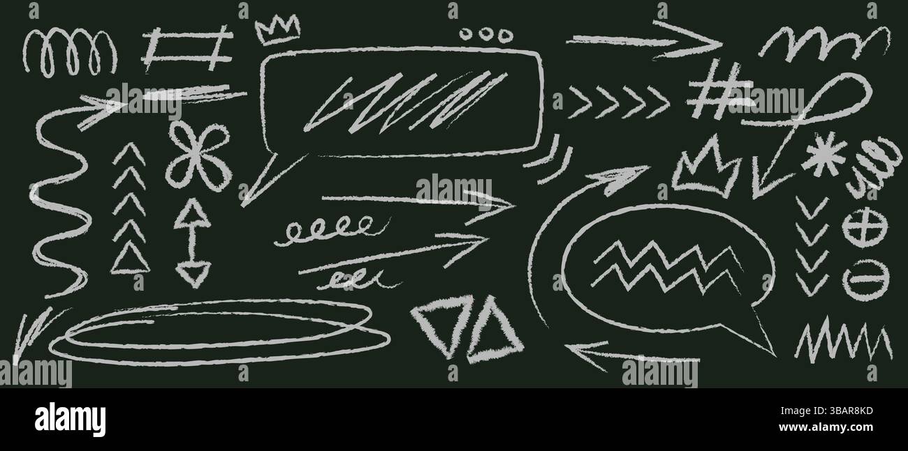 Hand drawn chalk doodle shapes set on blackboard - crowns and speech bubbles, arrows and decorative borders, swirls and symbols. Grunge scribble sketc Stock Vector