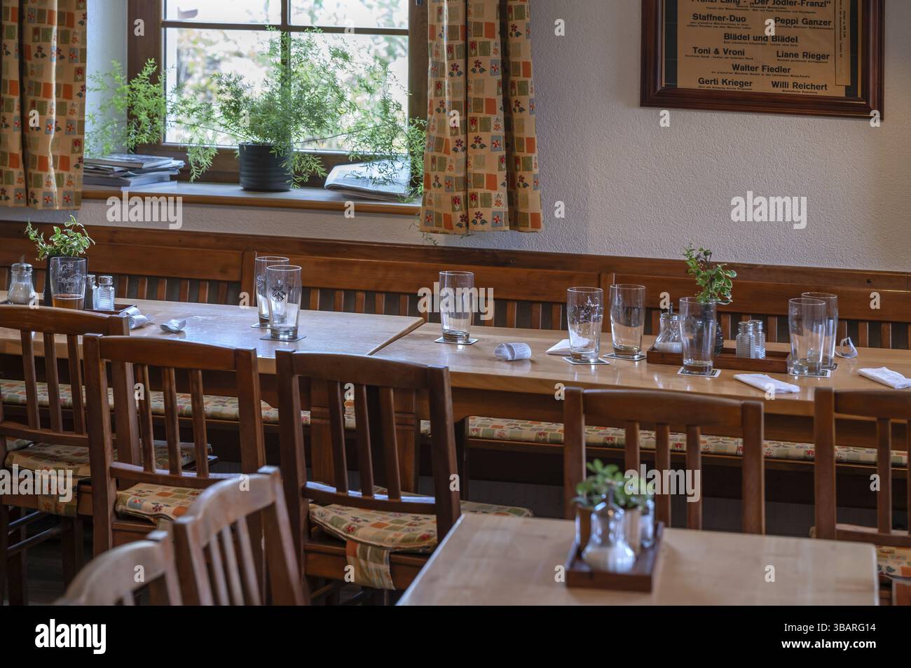 Empty beer glasses and receipts on pub tables, Bavaria, Germany, Europe Stock Photo