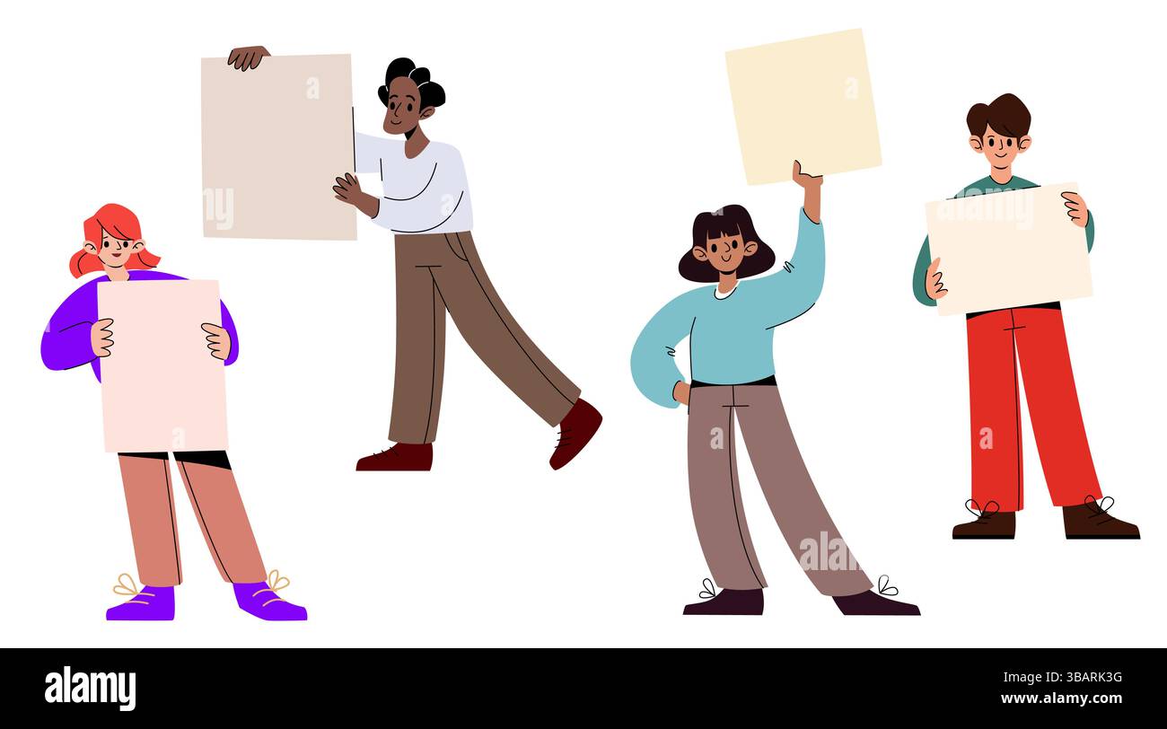 People protesting with posters set isolated on white background. Flat ...