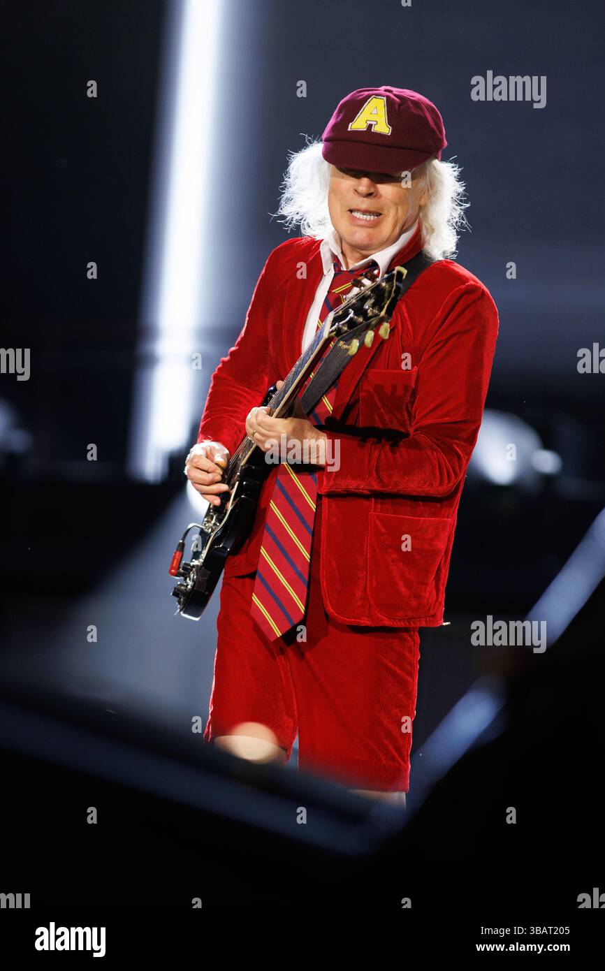 Landover, USA. 12th May, 2025. Angus Young of AC/DC performs at ...