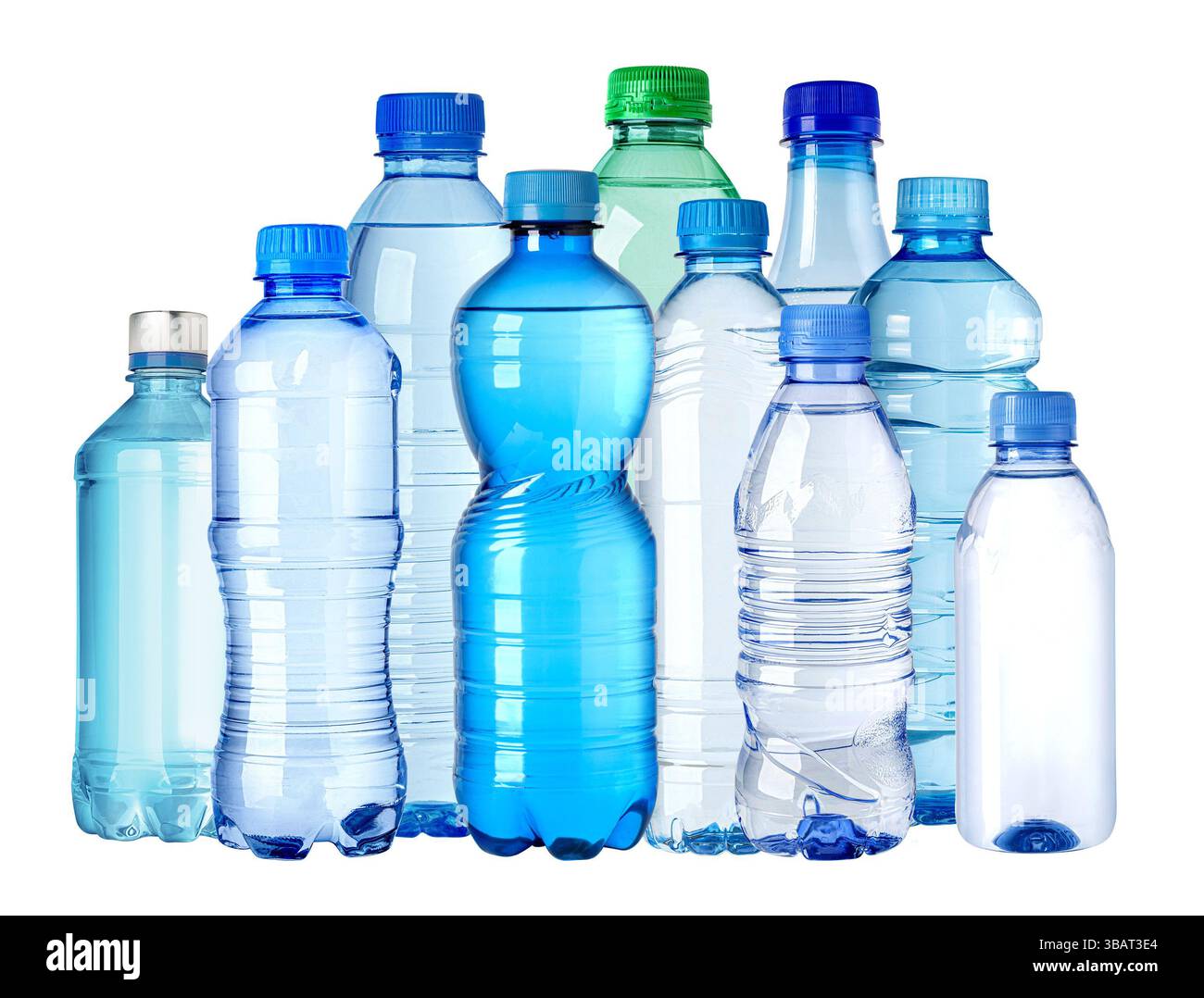 Various plastic water bottles are standing on a seamless white background, creating a composition Stock Photo