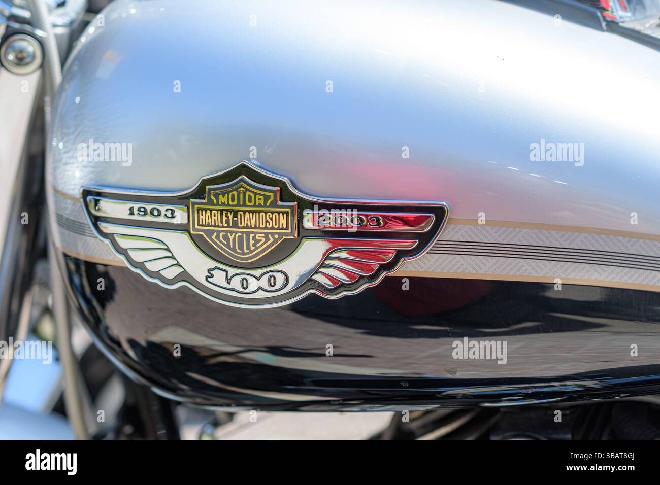 Logo on the gas tank of a Harley-Davidson motorcycle. Stock Photo