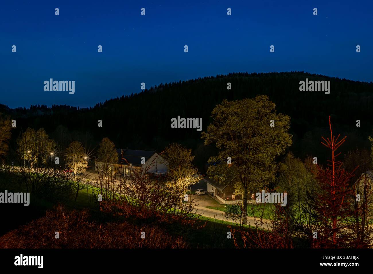 New hotel buildings and stars in spring night in Neratov CZ 04 29 2025 Stock Photo