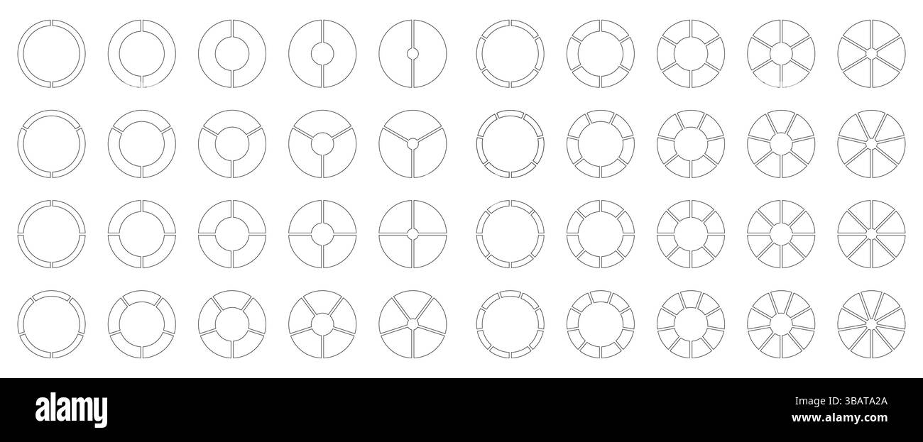 Circle division from 2 to 9 equal parts. Segmented diagrams. Coaching empty blank. Pie, pizza chart icons. Infographics set. Wheel round divided Stock Vector