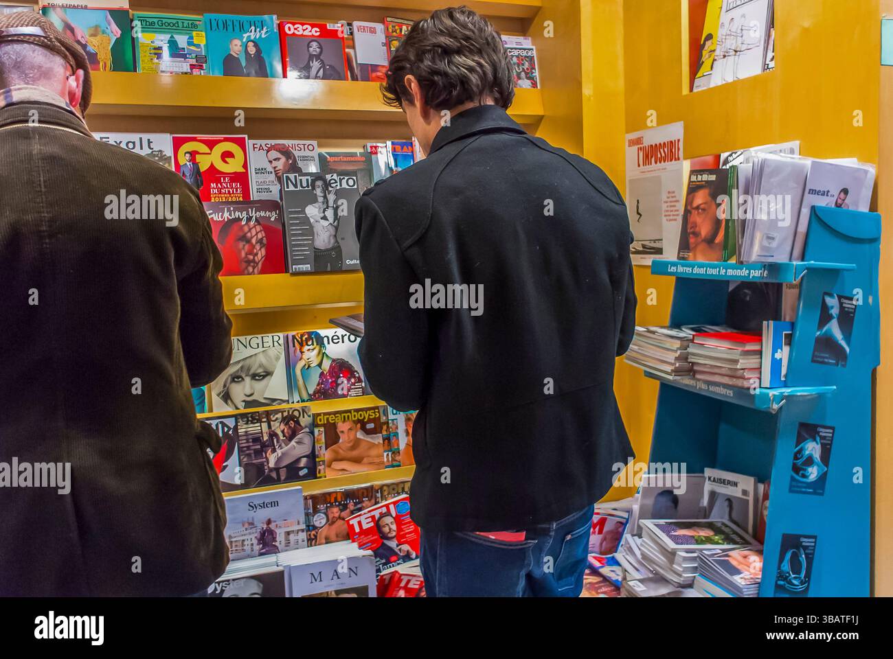 Paris, France, Men from behind, inside Shopping, French Gay Bookstore ...