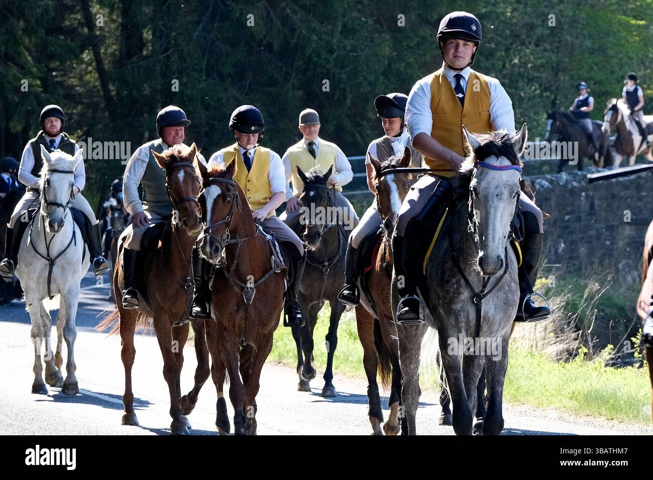 Hawick, Scotland, UK. Hawick, UK. 13th May, 2025. Tuesday 13 May 2025 Hawick Common Riding 2025, Cogsmill Rideout Riders taking part in the rideout. Another preliminary rideout in the lead up to the Common Riding on Friday 6th June 2025. Hawick Common Riding is the first of the annual Border events, it celebrates the capture of an English Flag from a raiding party in 1514 by the youth of Hawick at Hornshole and the ancient custom of riding the marches or boundaries of the common land. Credit: Rob Gray/Alamy Live News Credit: Rob Gray/Alamy Live News Stock Photo