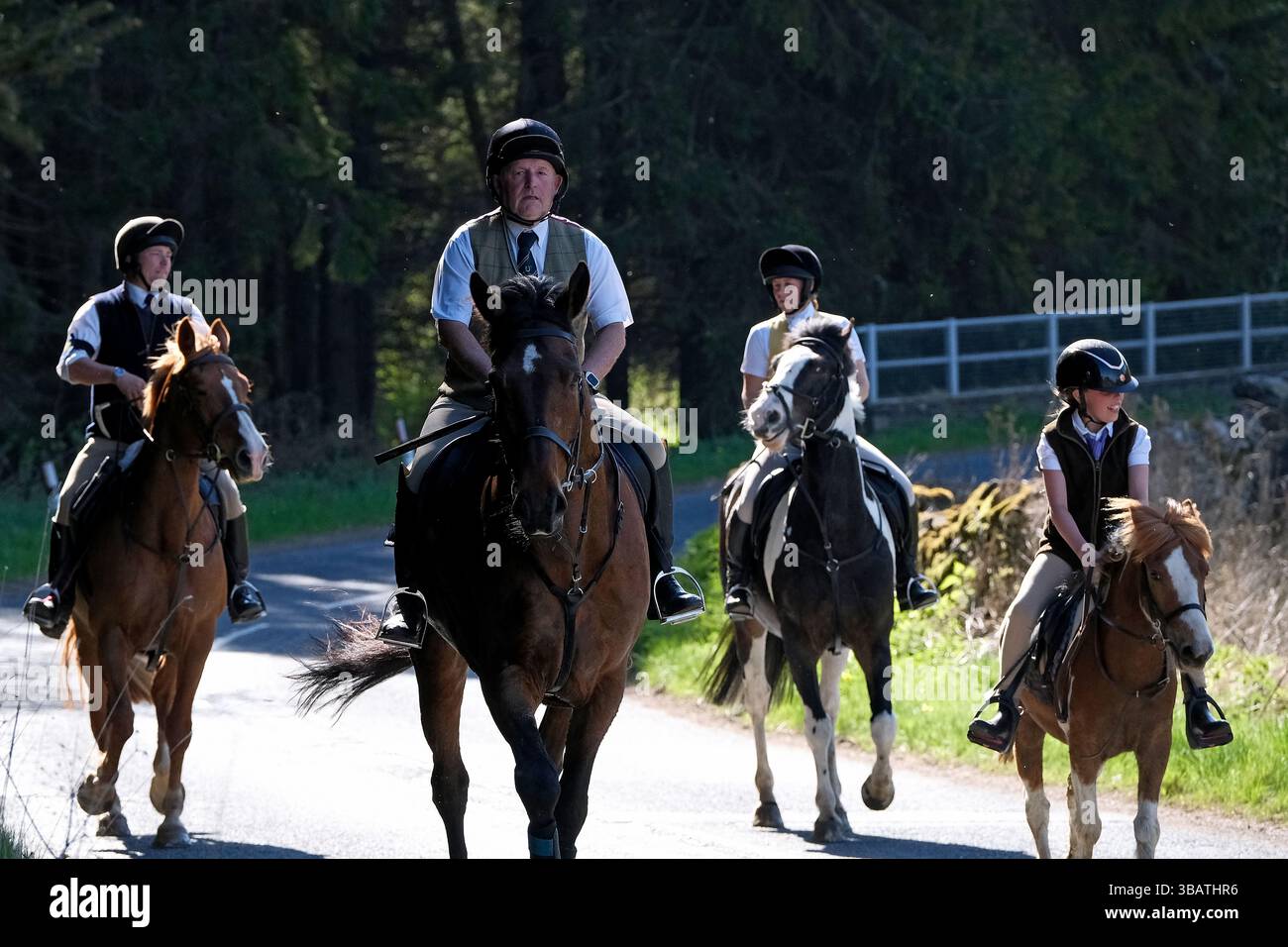 Hawick, Scotland, UK. Hawick, UK. 13th May, 2025. Tuesday 13 May 2025 Hawick Common Riding 2025, Cogsmill Rideout Riders taking part in the rideout. Another preliminary rideout in the lead up to the Common Riding on Friday 6th June 2025. Hawick Common Riding is the first of the annual Border events, it celebrates the capture of an English Flag from a raiding party in 1514 by the youth of Hawick at Hornshole and the ancient custom of riding the marches or boundaries of the common land. Credit: Rob Gray/Alamy Live News Credit: Rob Gray/Alamy Live News Stock Photo