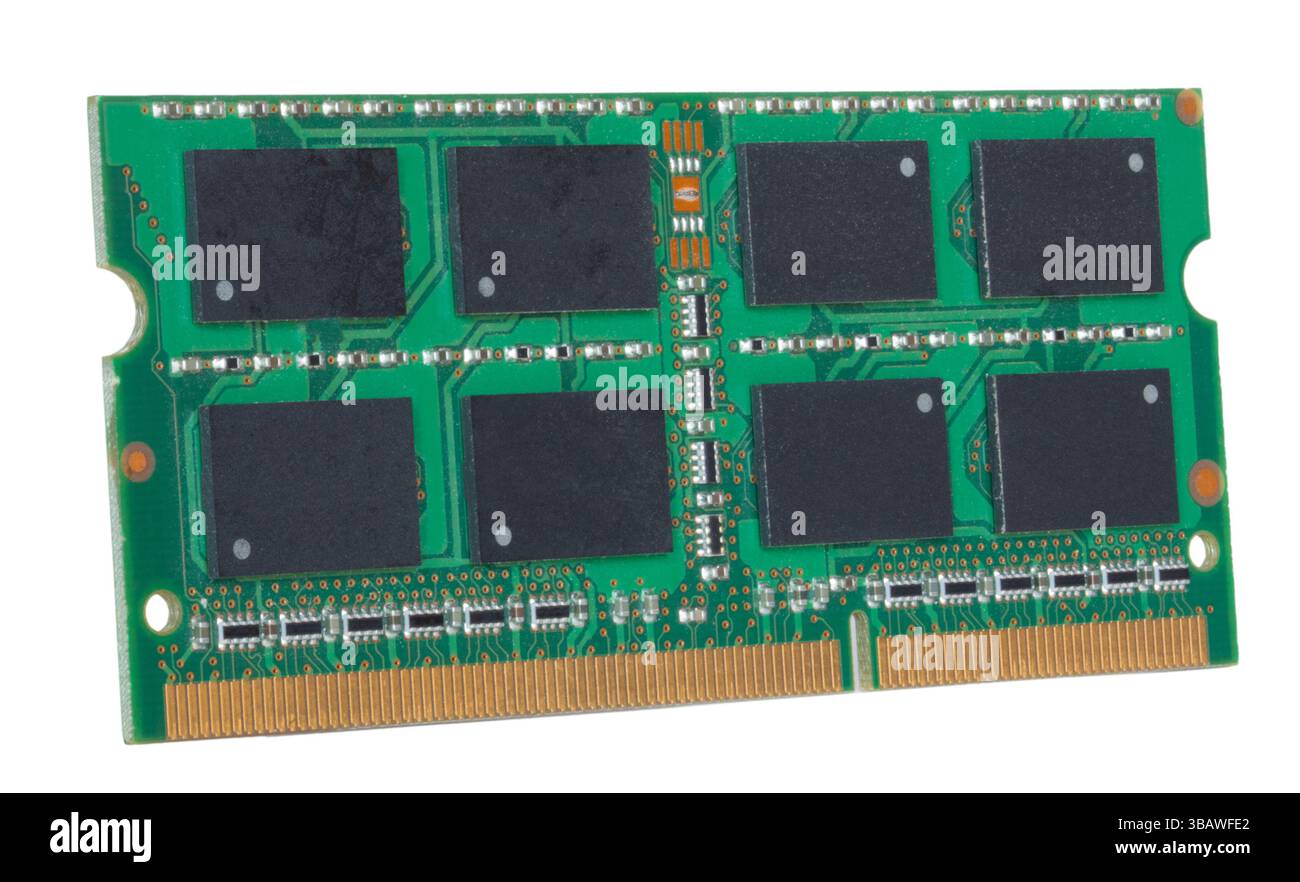 Real ram card that once installed in a computer will often increase performance isolated on a white background. Stock Photo