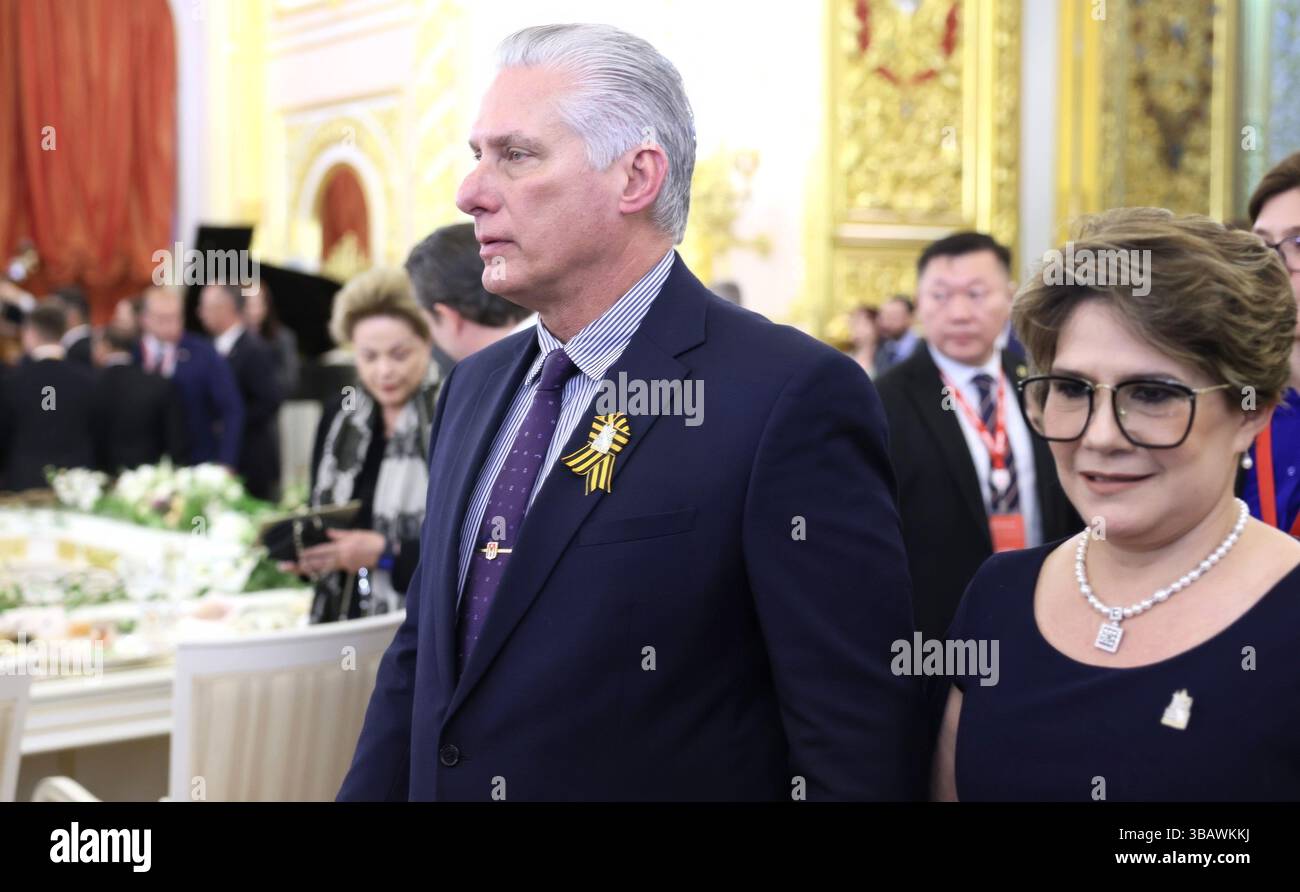 Moscow, Russia. 08 May, 2025. Cuban President Miguel Diaz-Canel, left ...