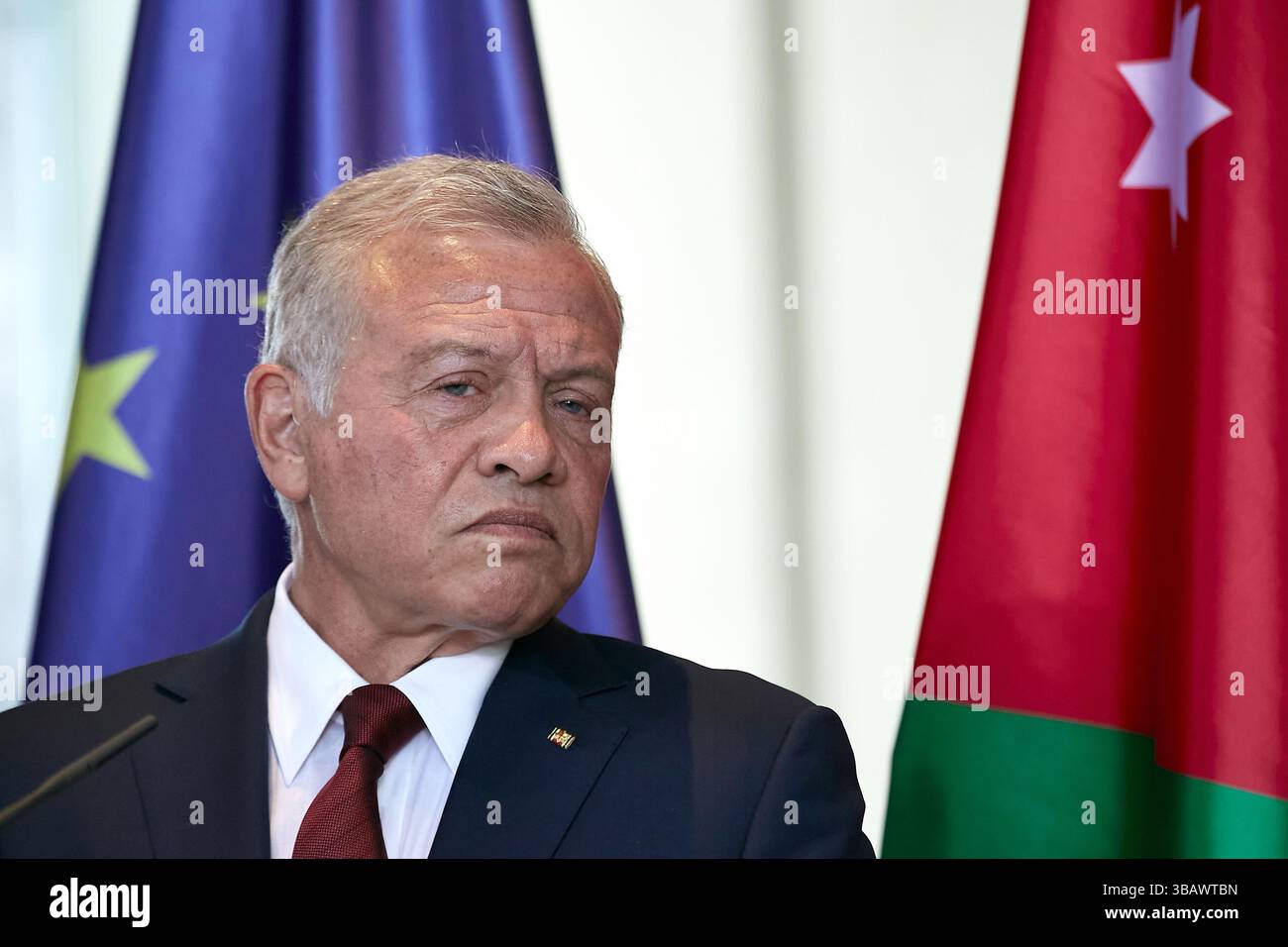 03.04.2025, Germany, Berlin, Berlin - His Majesty the King of the Hashemite Kingdom of Jordan Abdullah II Ibn Al-Hussein at a press conference in the Stock Photo