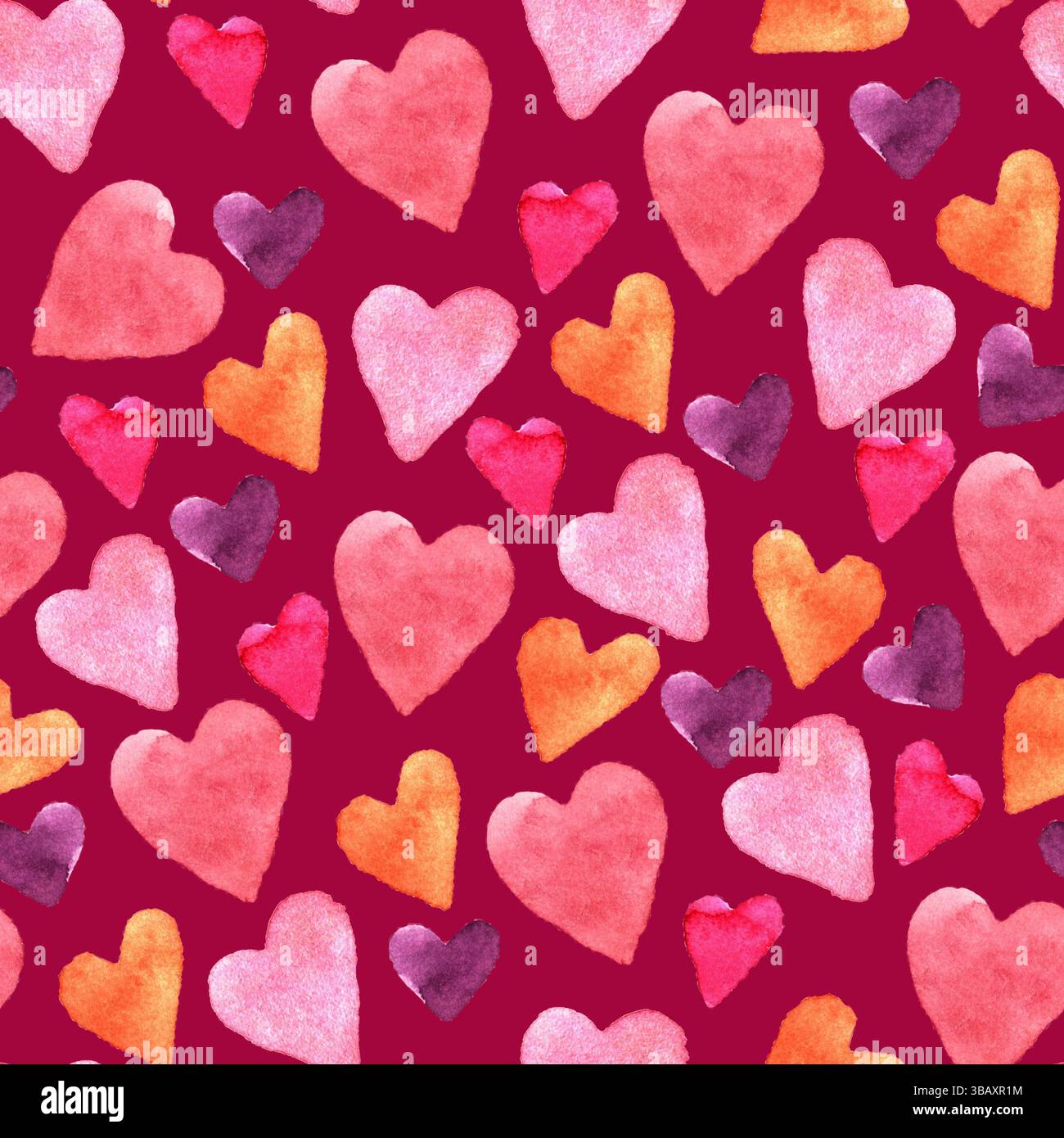 Seamless pattern with hand-drawn watercolor hearts on a cherry ...