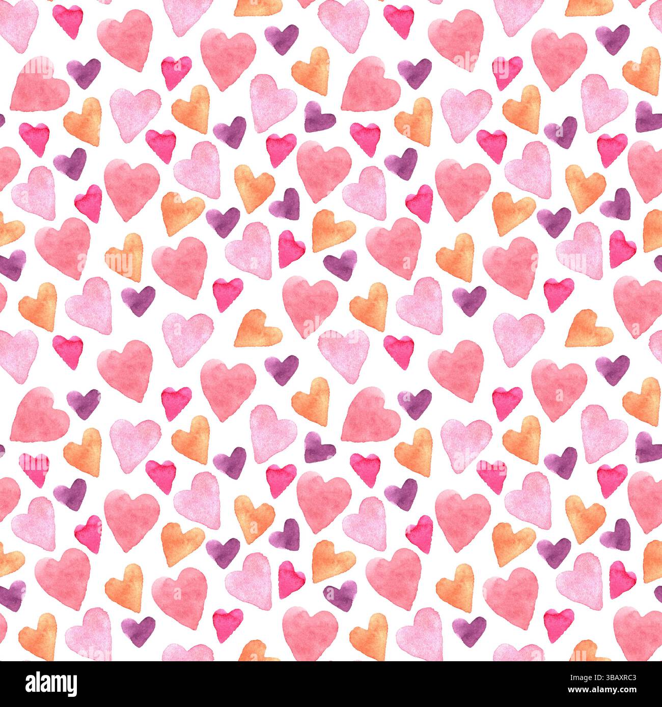 Seamless pattern with hand-drawn watercolor hearts on a white ...