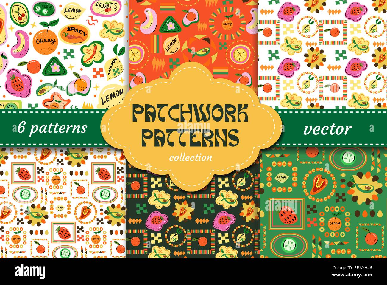 Summer Trendy fruit sticker patchwork seamless pattern. Cute framed repeat background. fruit in frames. Vector print, geometric elements Stock Vector