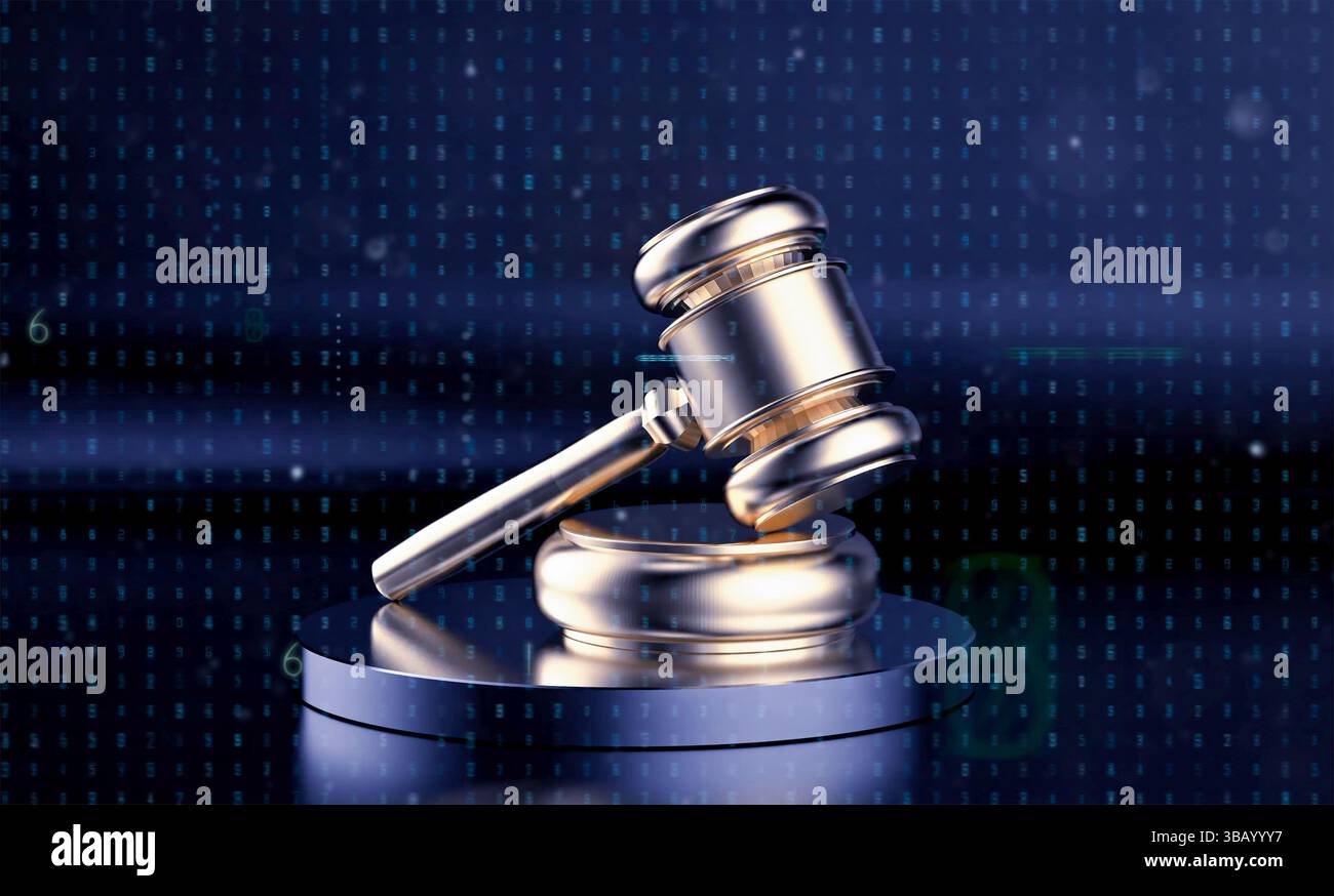 Digital law concept with 3d rendering golden gavel judge with graphic display Stock Photo