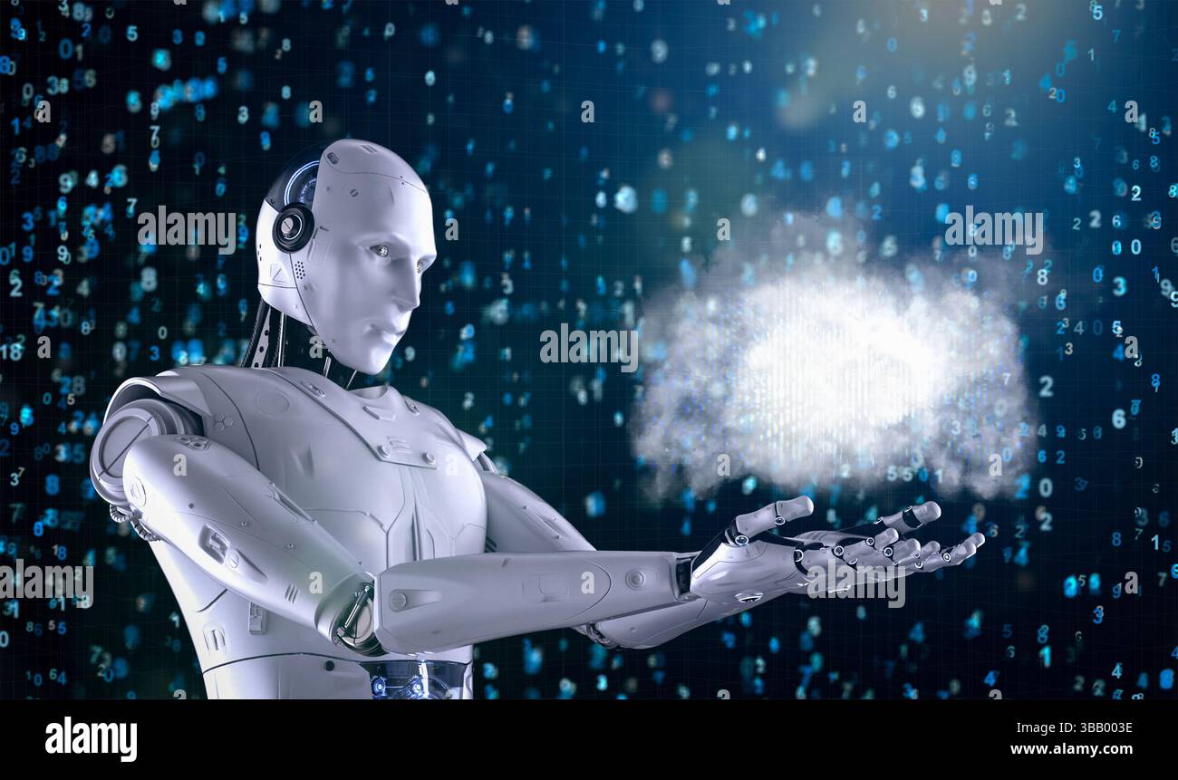 Cloud computing technology concept with 3d rendering robot with graphic display Stock Photo