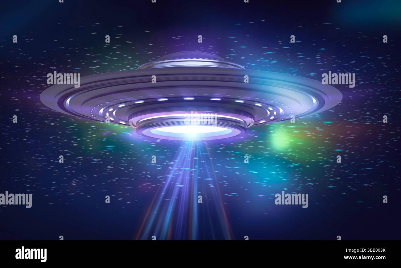 3d rendering metal ufo or alien spaceship with ray of light at night 4k footage Stock Photo