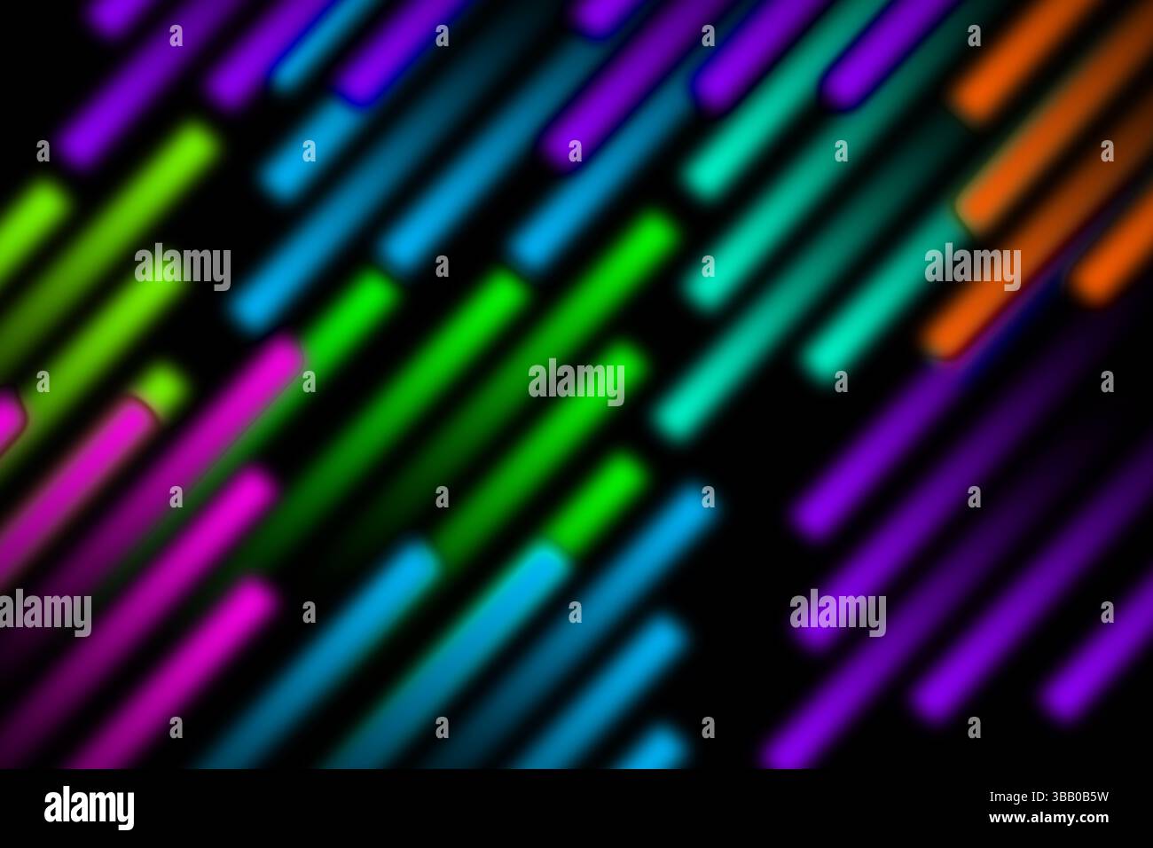 A visually captivating abstract background featuring multicolor neon light streaks arranged diagonally on a sleek black backdrop. The luminous gradien Stock Photo