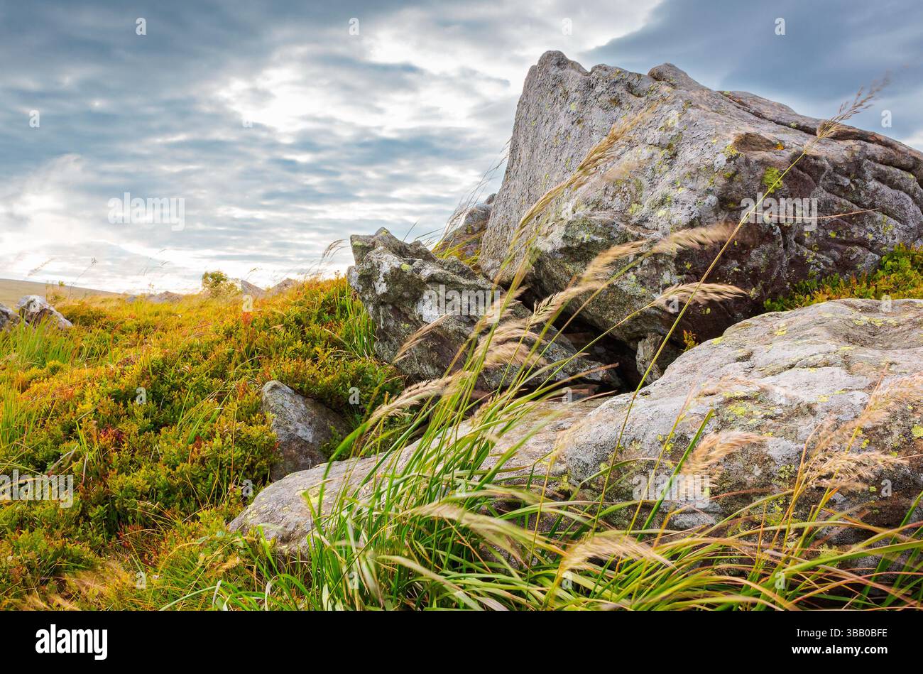 beautiful mountain landscape in late summer. alpine scenery big boulder on the meadow. dramatic sky with grey clouds. end of vacation season in europe Stock Photo