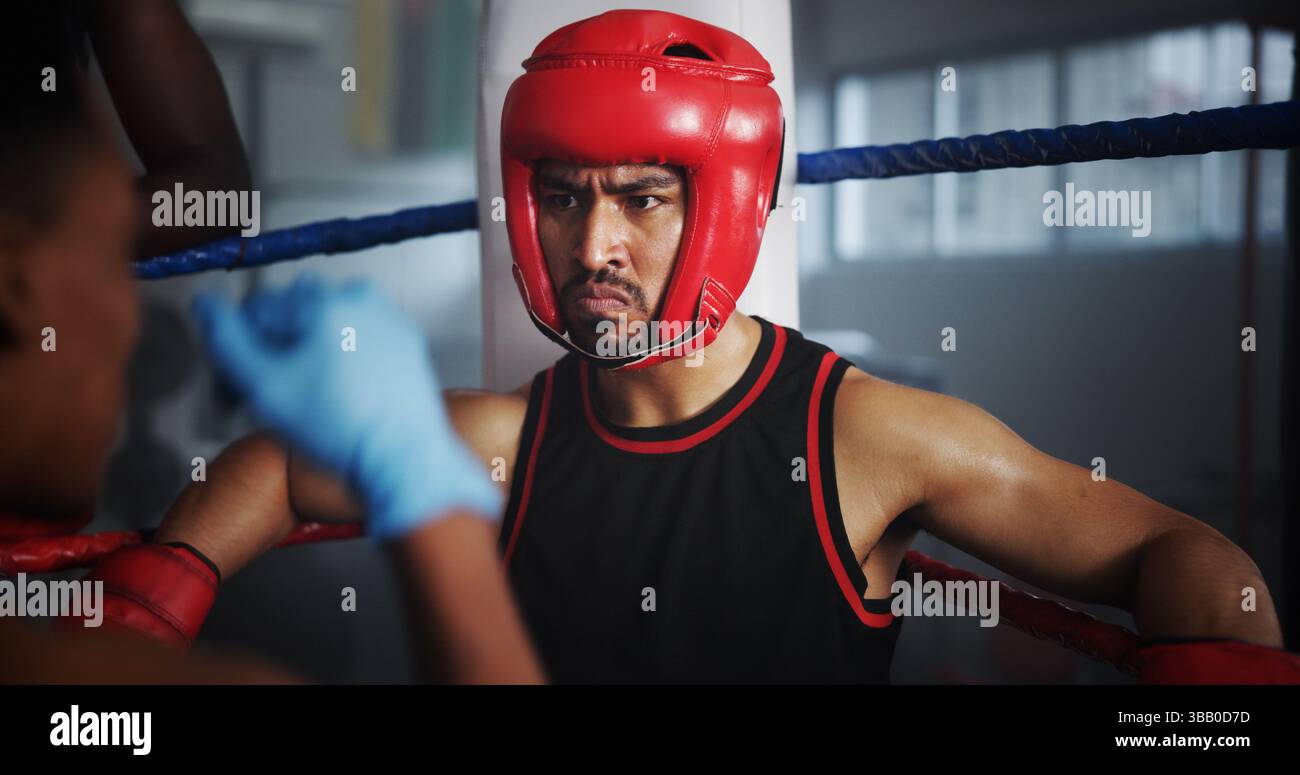 Boxing, training and man with coach at gym for fitness, intense fight ...