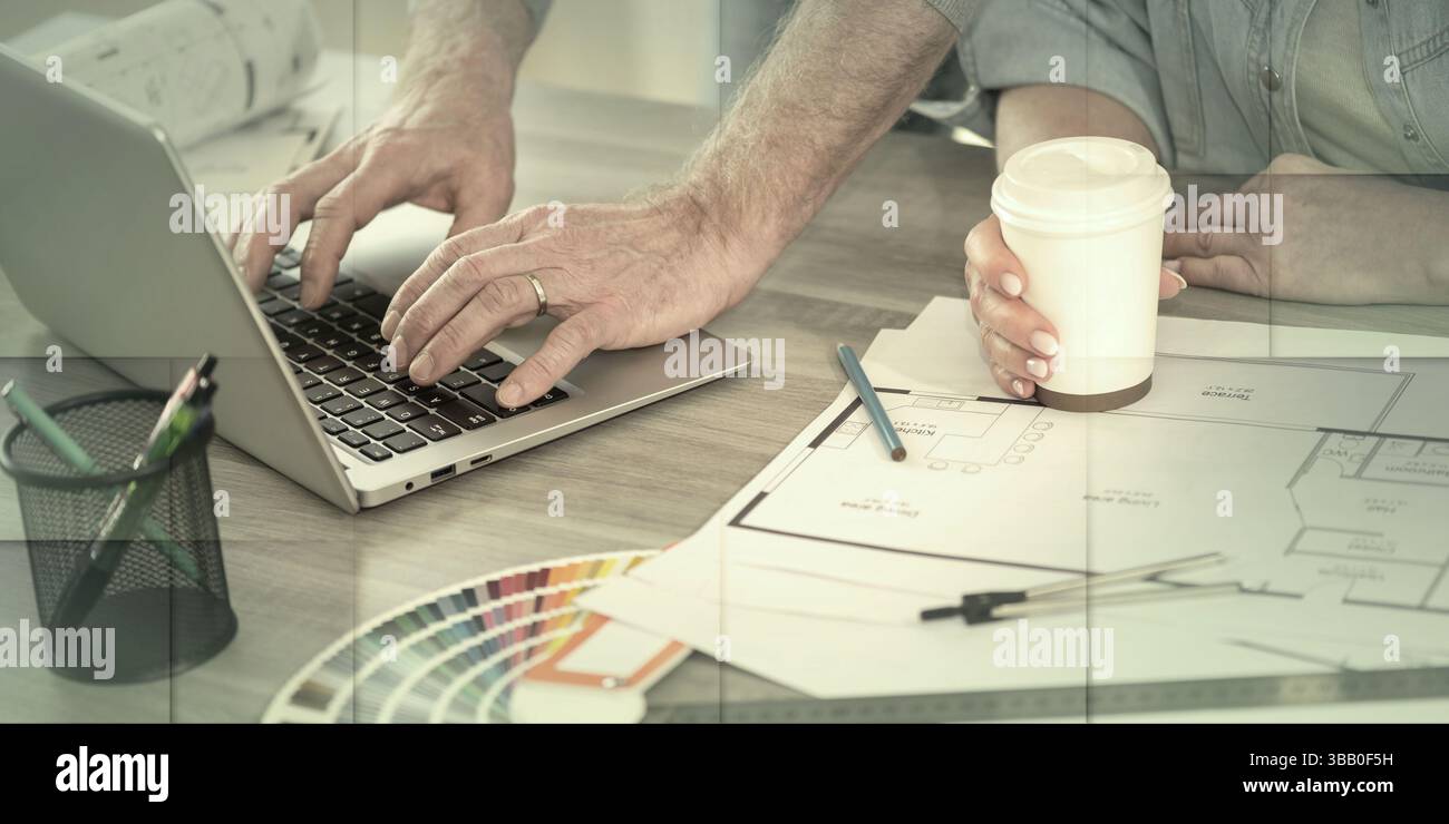 Architects working on new construction project and using laptop, geometric pattern Stock Photo
