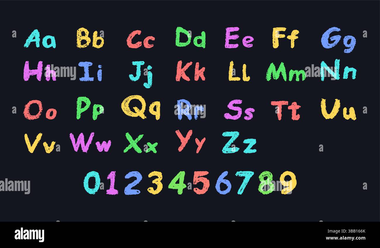 Colorful vector illustration of the English alphabet and numbers 0-9 ...