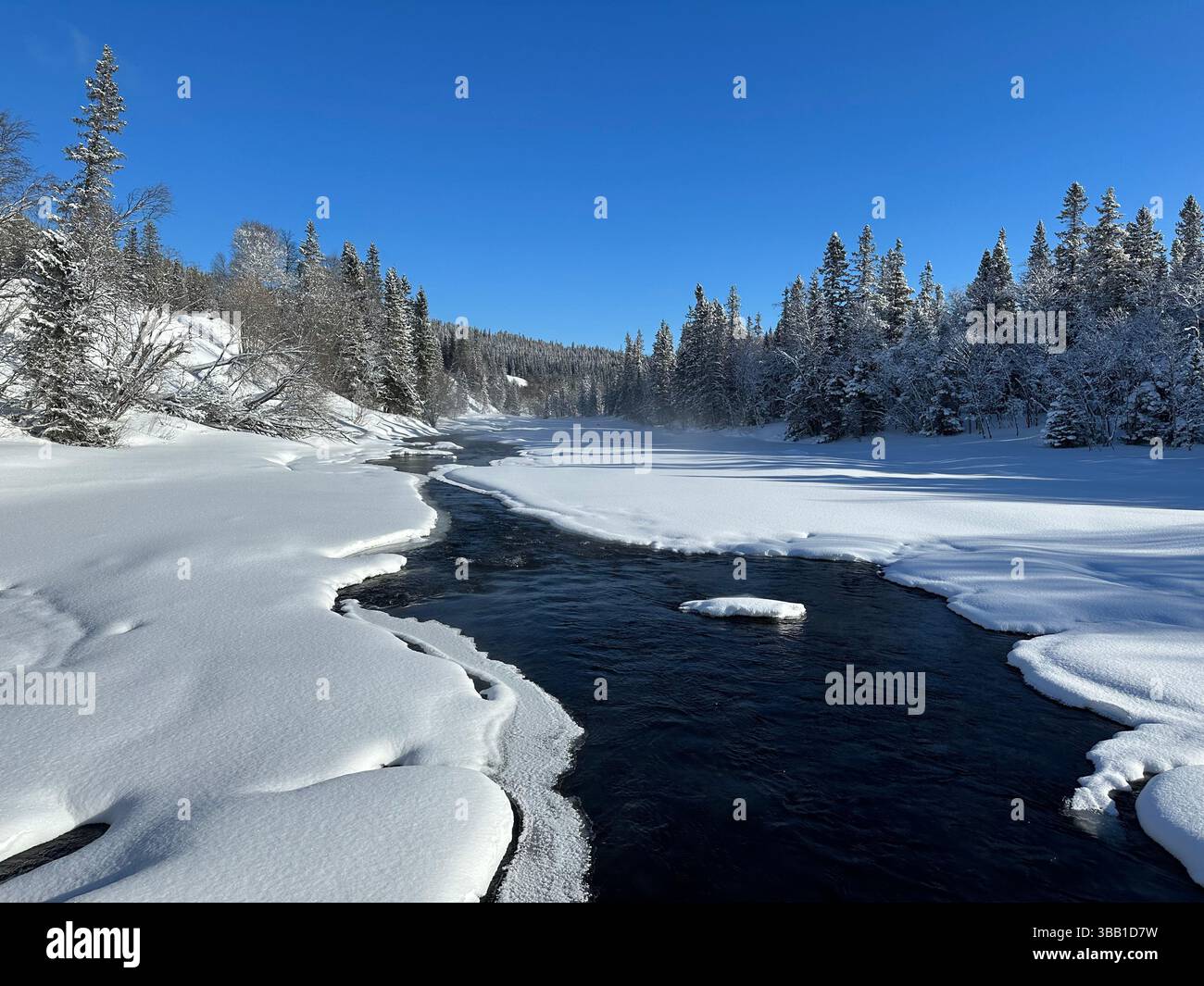 A beautiful winter scene featuring a river flowing through a snow-covered forest. - Smartphone Captured Stock Image