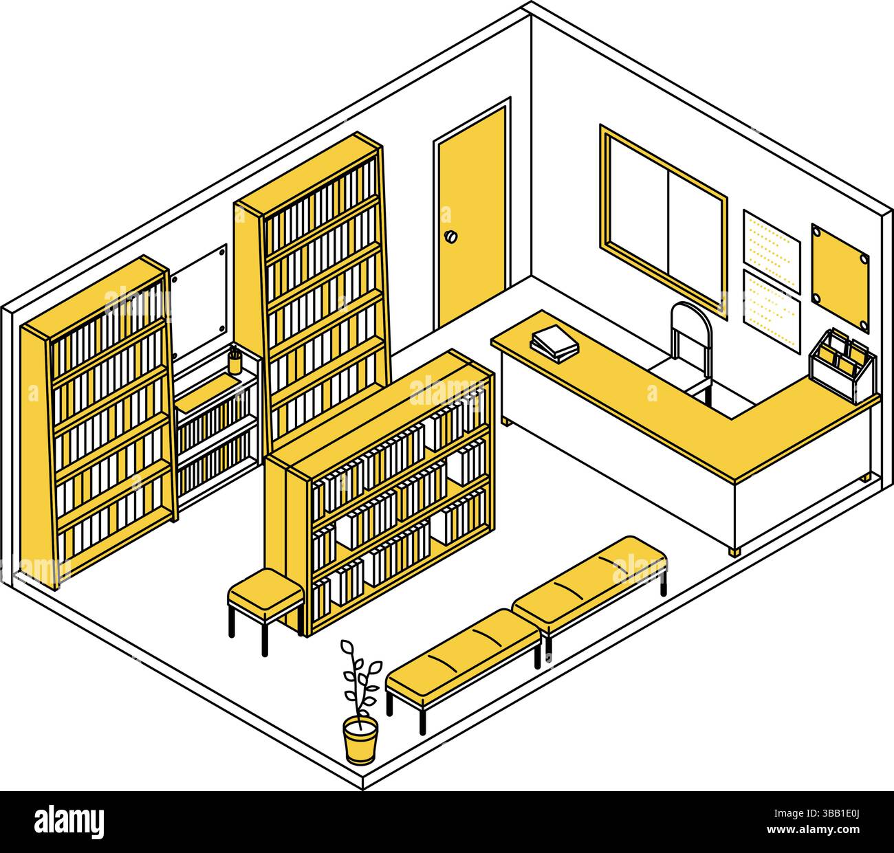 Simple and cute isometric line drawing illustration of a school library ...