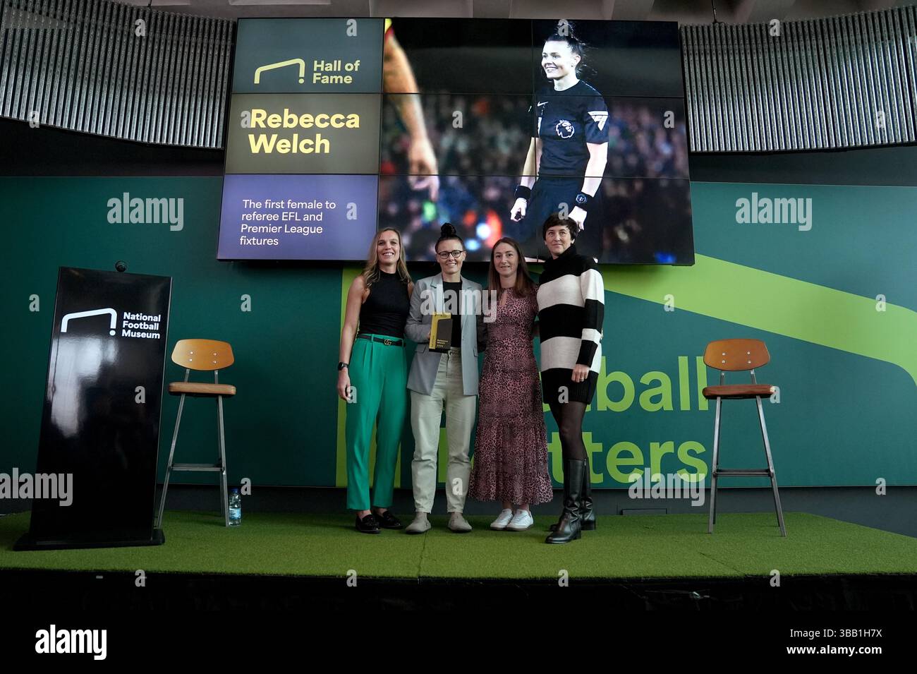 Former football referee Rebecca Welch (second left) poses with her ...