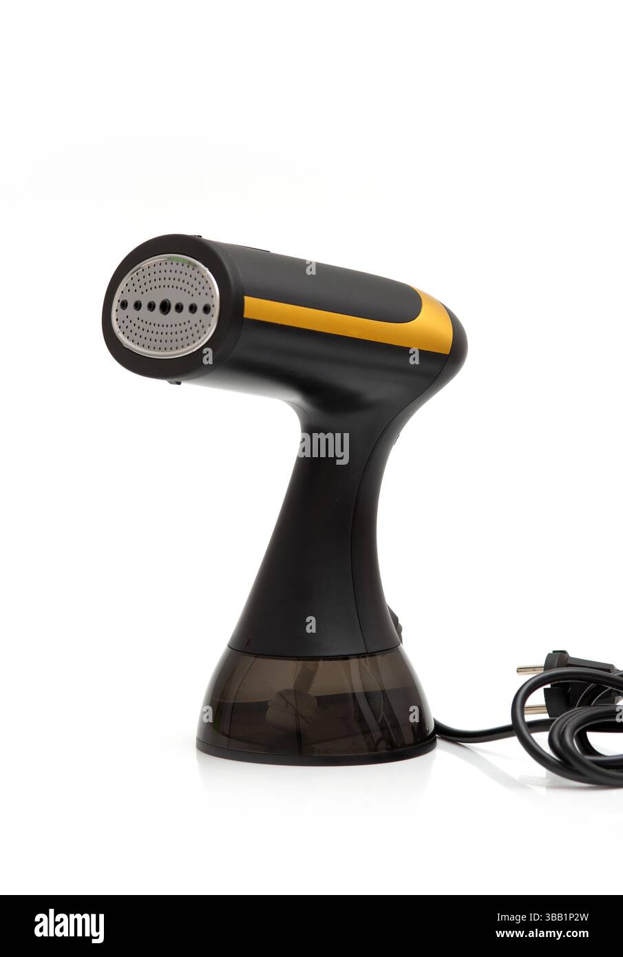 Modern handheld garment steamer on white background, compact and portable, ideal for travel and home fabric care. Stock Photo