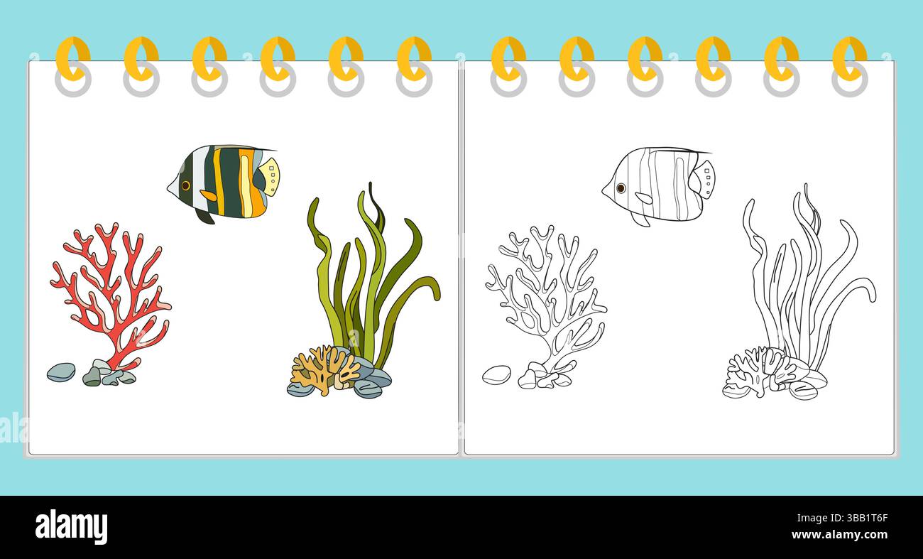 Coloring book Vector Illustration Fish Seaweed Coral reef stone plant ...