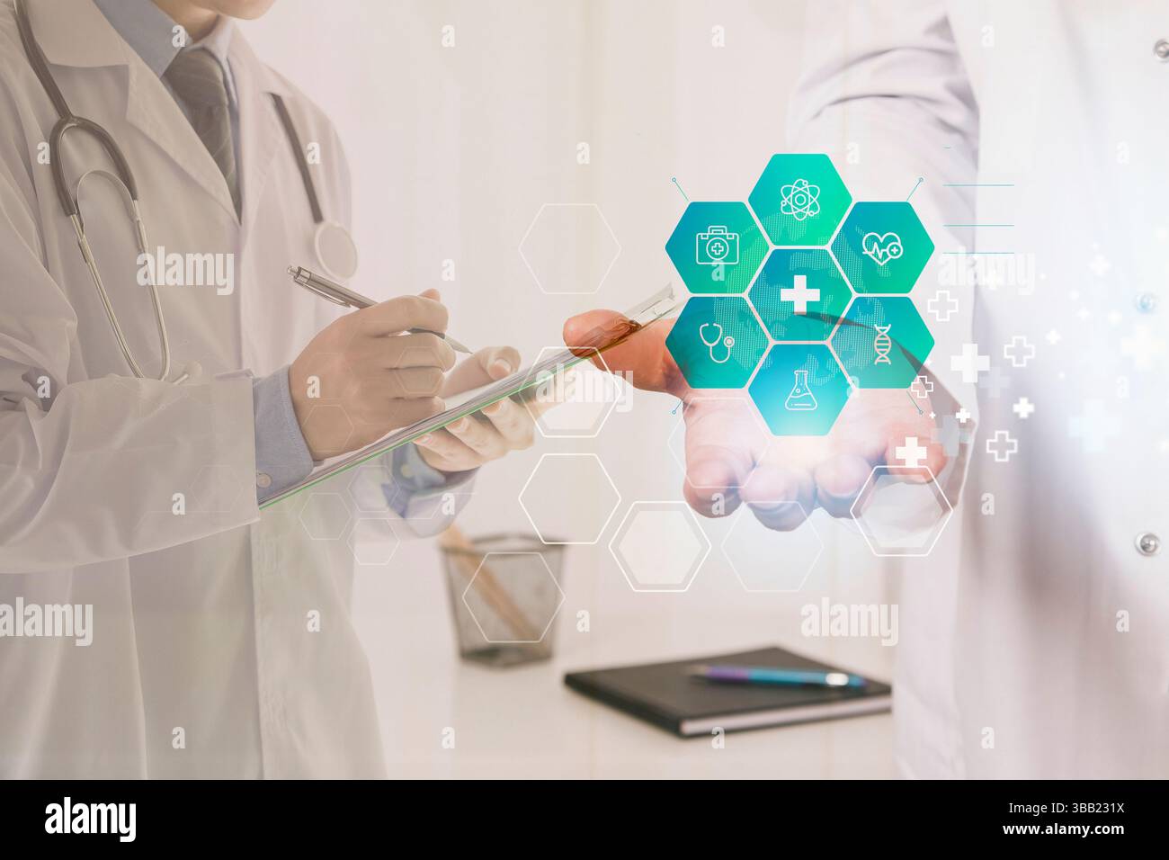 Doctors Interacting with Digital Healthcare Interface Stock Photo