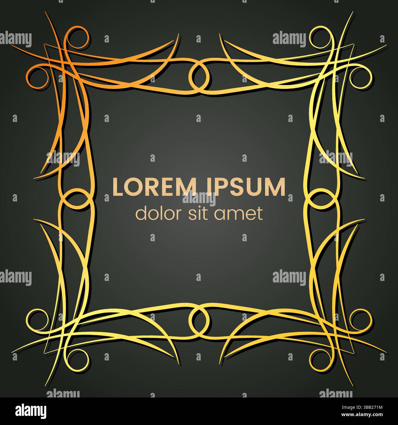 A square golden monogram element on a dark background. Vector illustration. Stock Vector