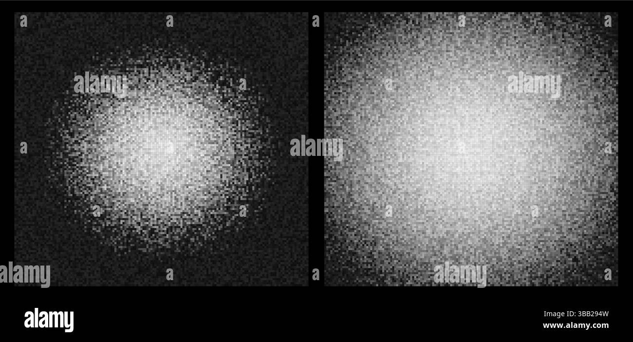 Bright glitch light bursts. Two circular pixelated shapes with intense ...