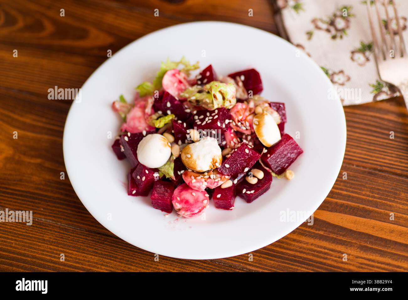 Healthy vegetable salad with cheese and boiled beets. Stock Photo