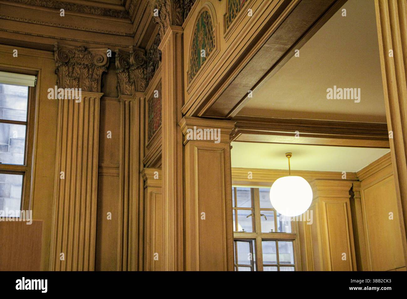 Ornate library study room with classical European interiors and stained ...