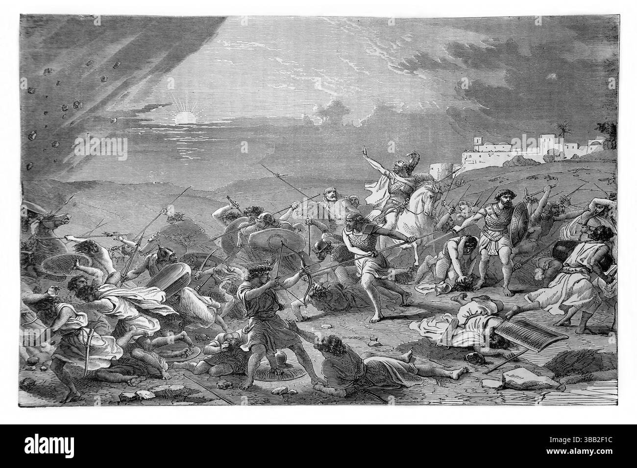 Illustration of Joshua commanding the sun to stand still (Joshua) from Antique 19th Century The Holy Bible containing the Old and New Testaments with Stock Photo