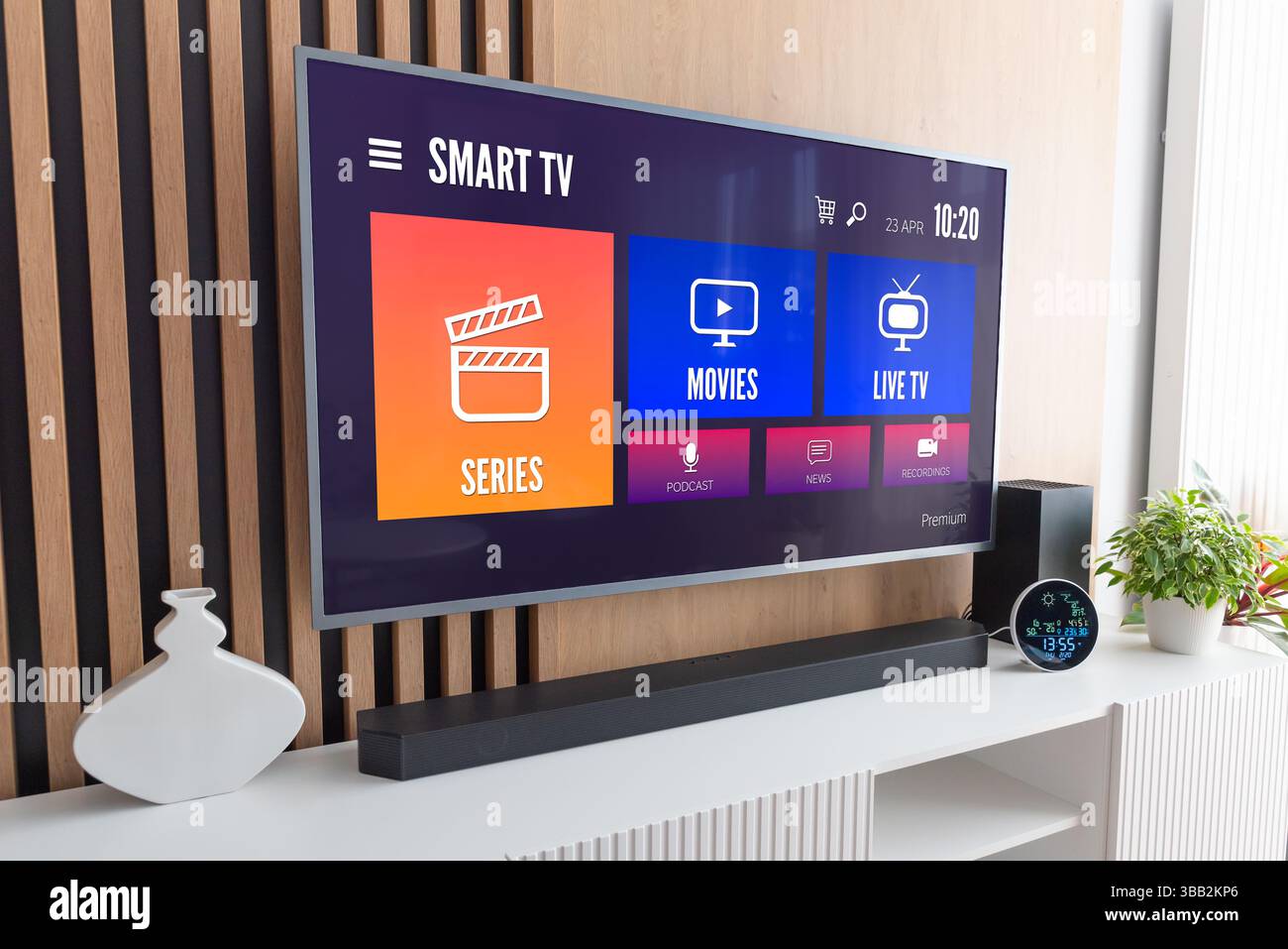 VOD multimedia TV streaming concept, living room Stock Photo