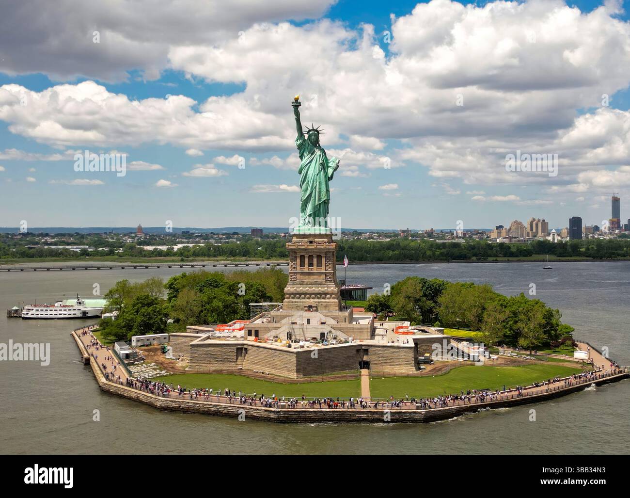 New York City with statue of liberty photo from drone. Aerial view of ...
