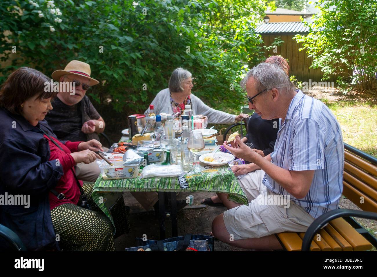 A group of elderly people share a summer meal outdoors in Sweden, 2023, enjoying traditional food and drinks in a backyard garden setting. Stock Photo