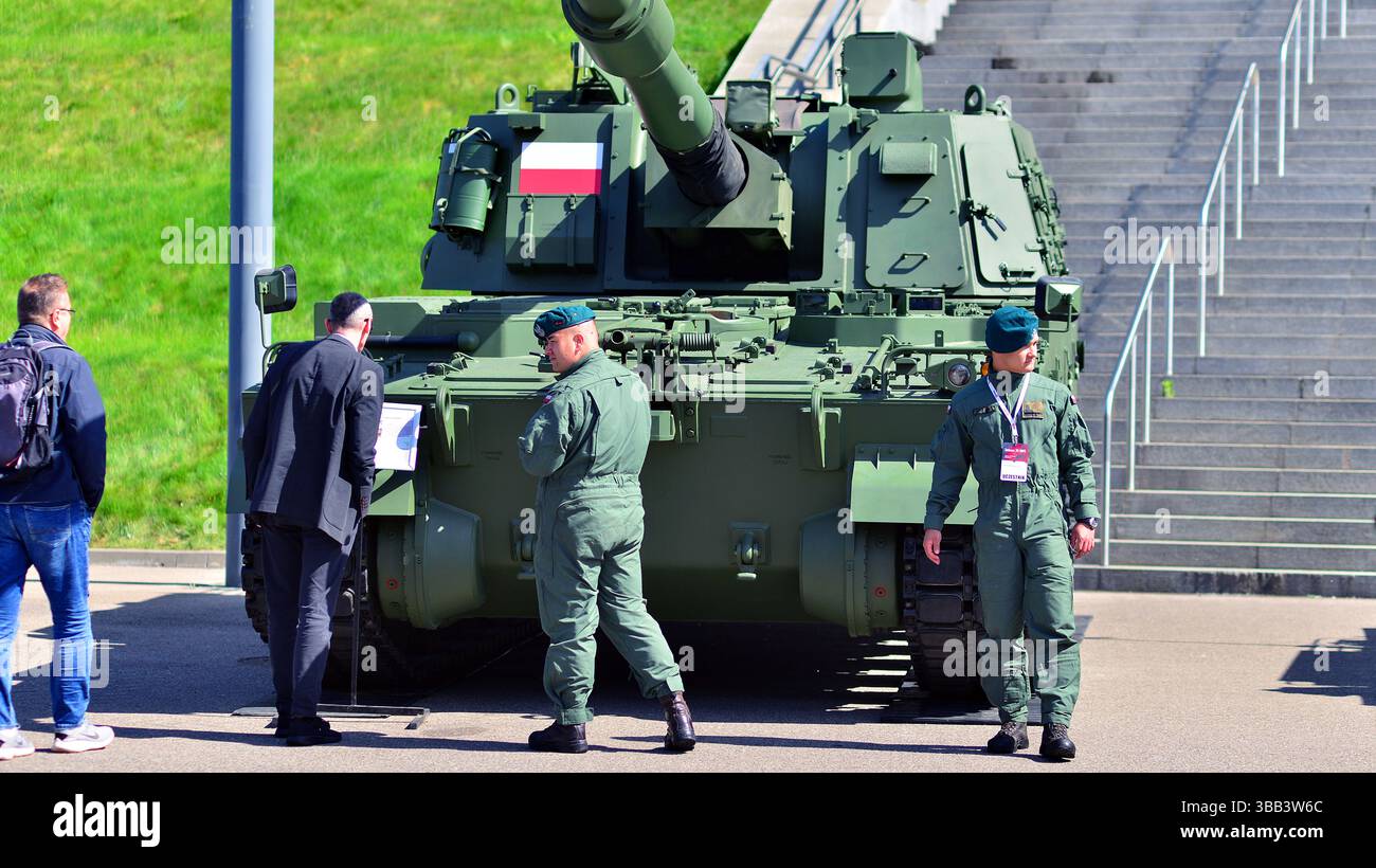 Warsaw, Poland. 7 May 2025. 155 mm howitzer SH K K9 at the Defence24 military equipment exhibition. Stock Photo