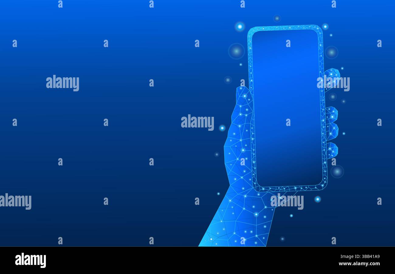 Hand holding a smartphone on low poly technological blue background. Mobile technology concept Stock Vector